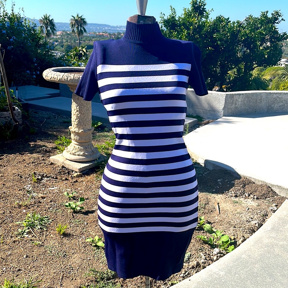 Michael Kors blue striped stretch knit mock turtleneck dress body con mock-neck
